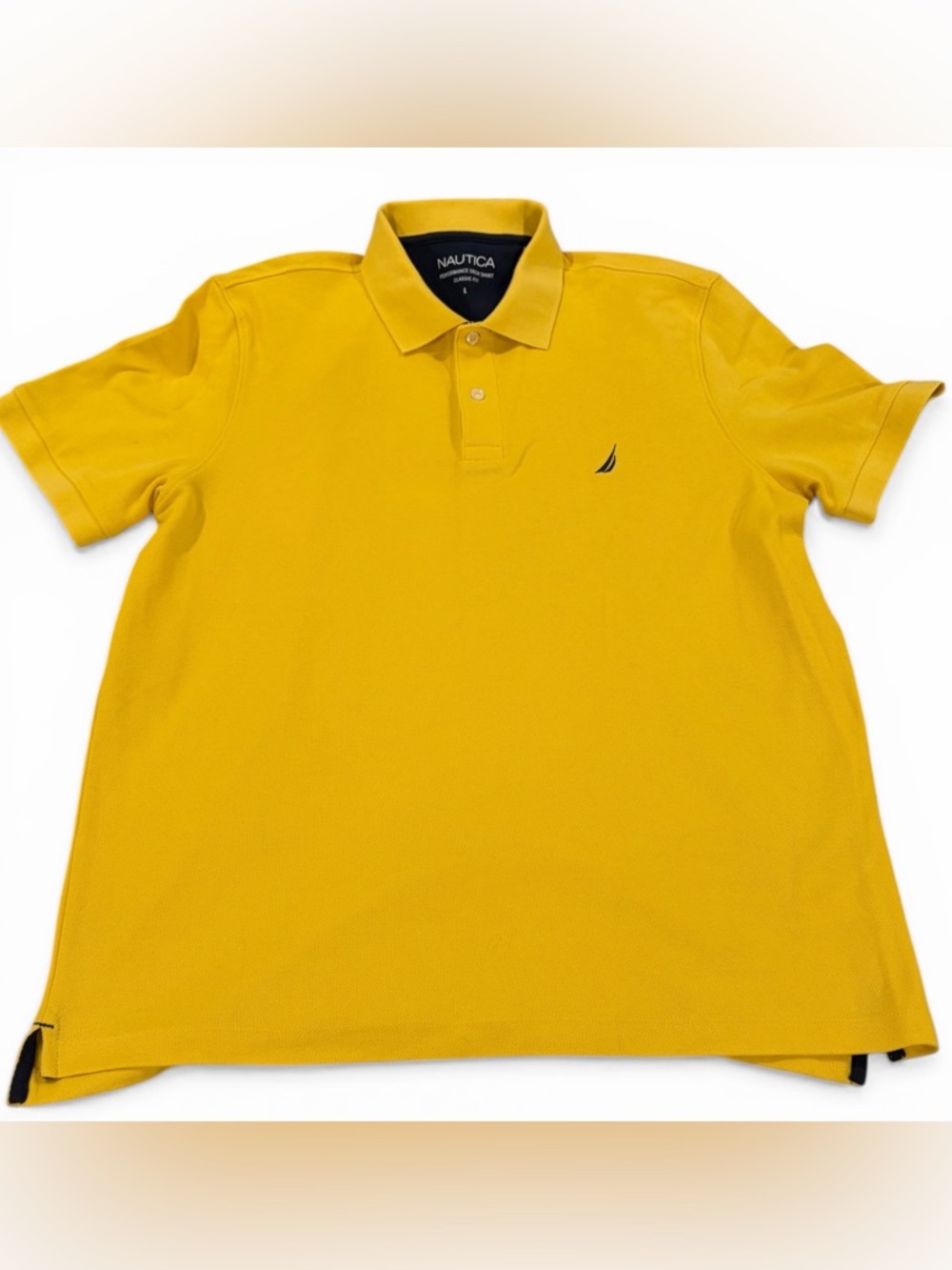 Nautica Performance Deck Polo Yellow Navy Classic Fit Shirt Large